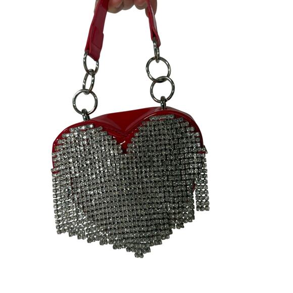 Poster Girl Red Heart Purse Rhinestone Fringe Mini Bag Patent Leather - Picture 2 of 9